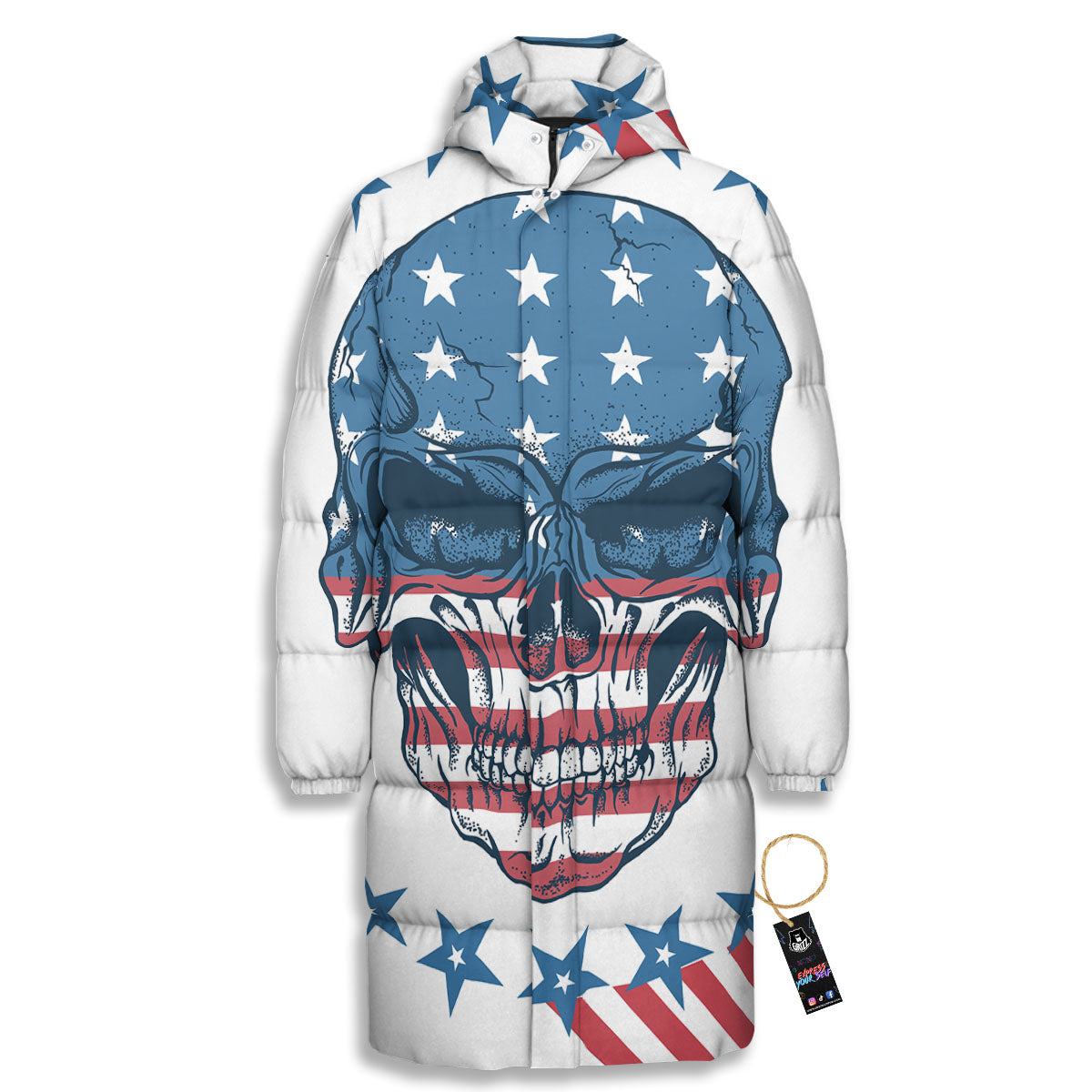 Skull Patriotic American Print Long Down Jacket