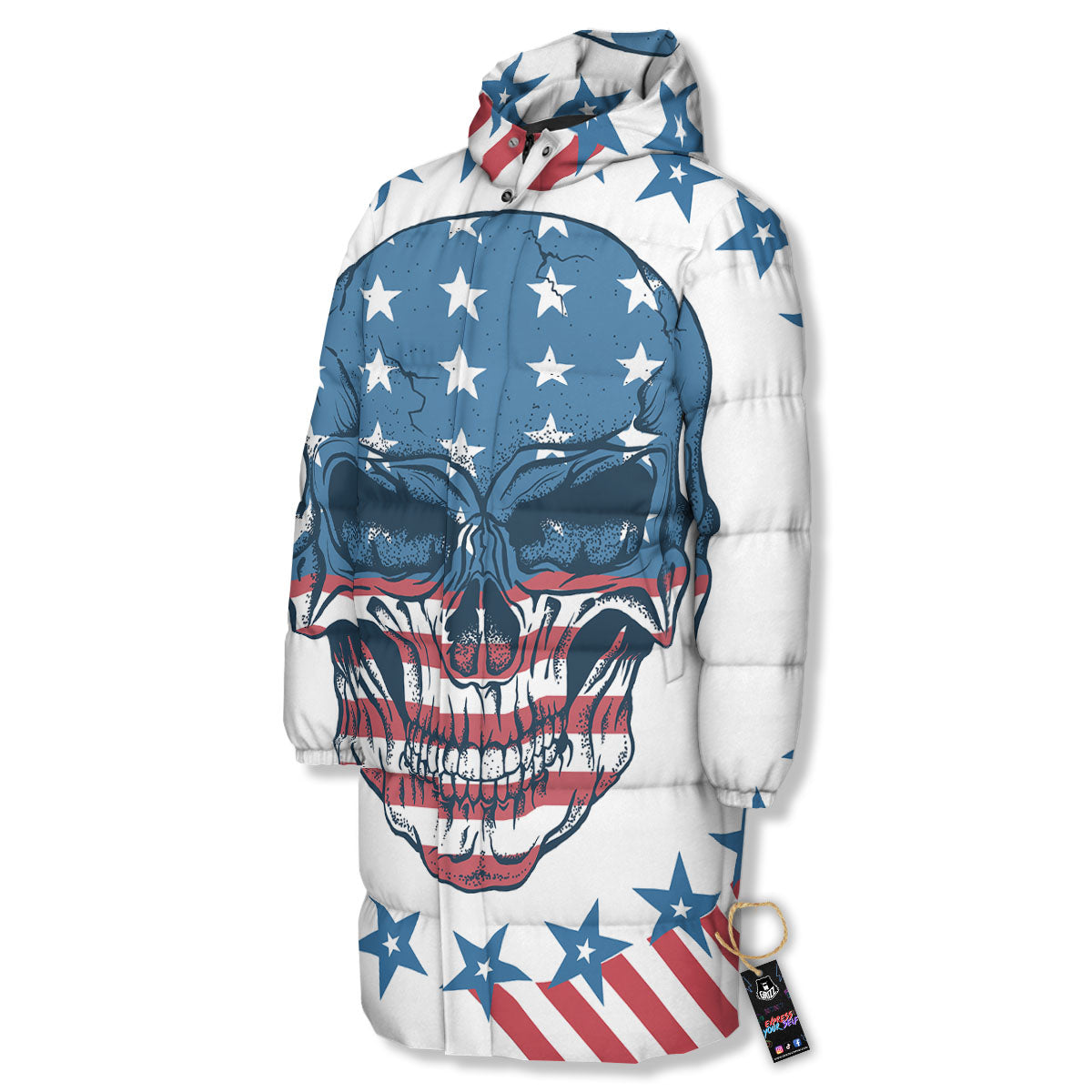 Skull Patriotic American Print Long Down Jacket