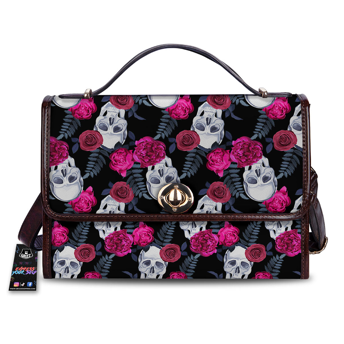 Skull Red Peony Print Pattern Women's Satchel Bag