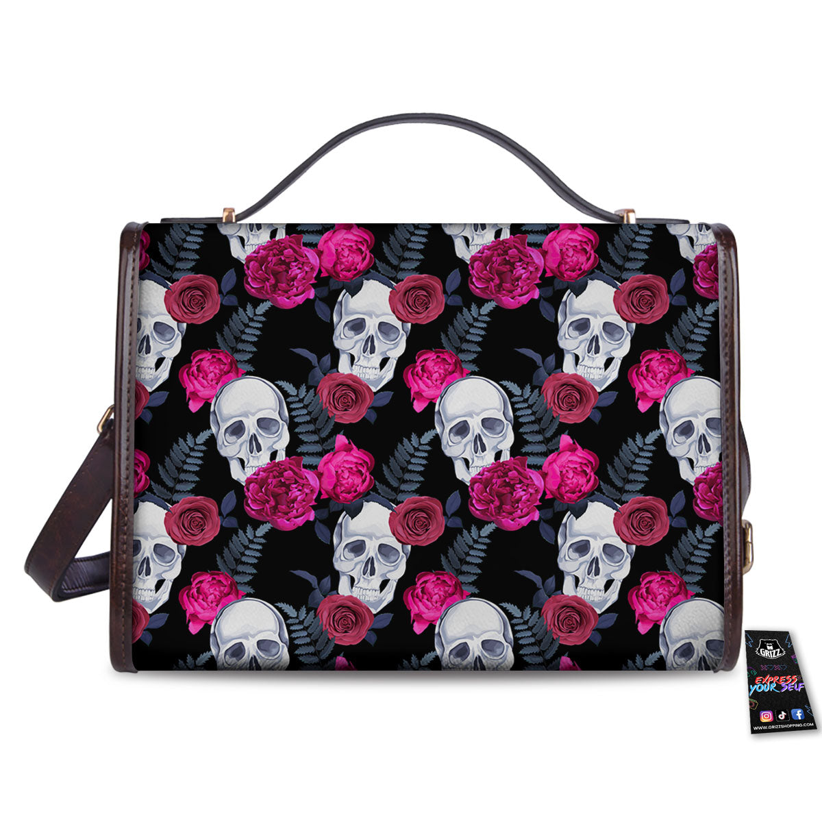 Skull Red Peony Print Pattern Women's Satchel Bag