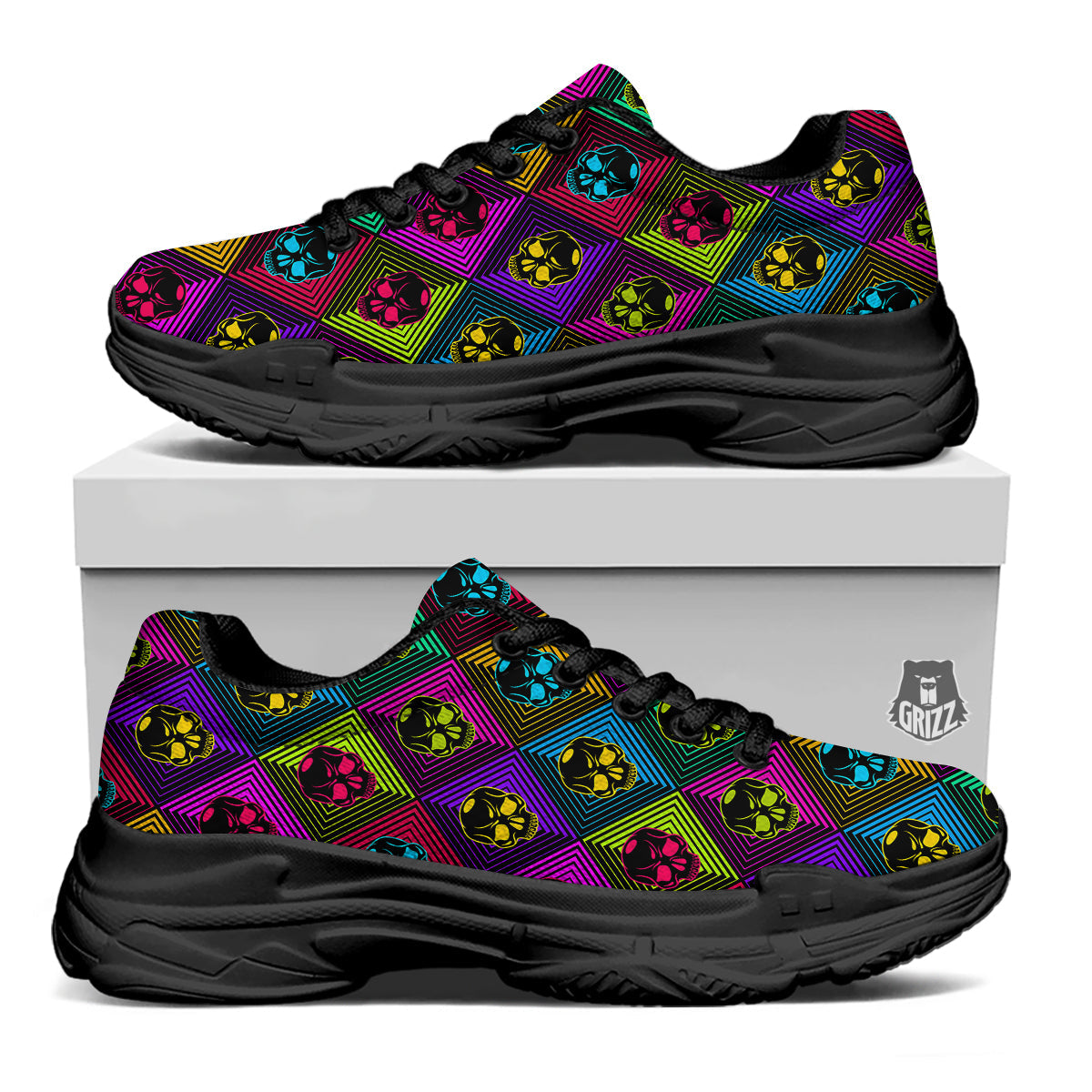 Skulls Hard Rock Colorful Print Pattern Black Chunky Shoes-grizzshop