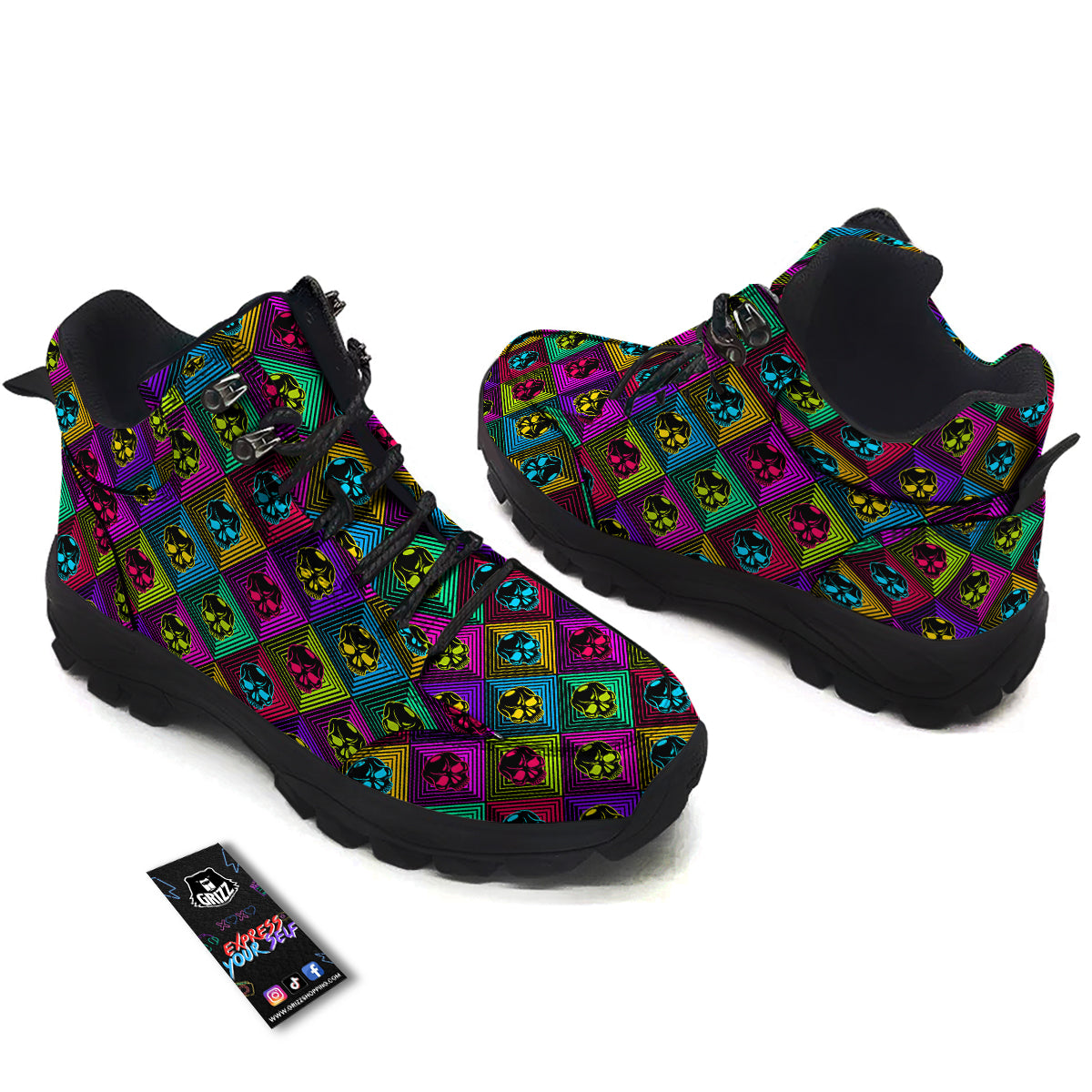 Skulls Hard Rock Colorful Print Pattern Hiking Shoes-grizzshop