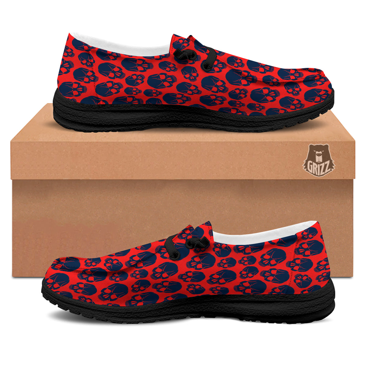 Skulls Red And Blue Hard Rock Print Pattern Black Loafers-grizzshop