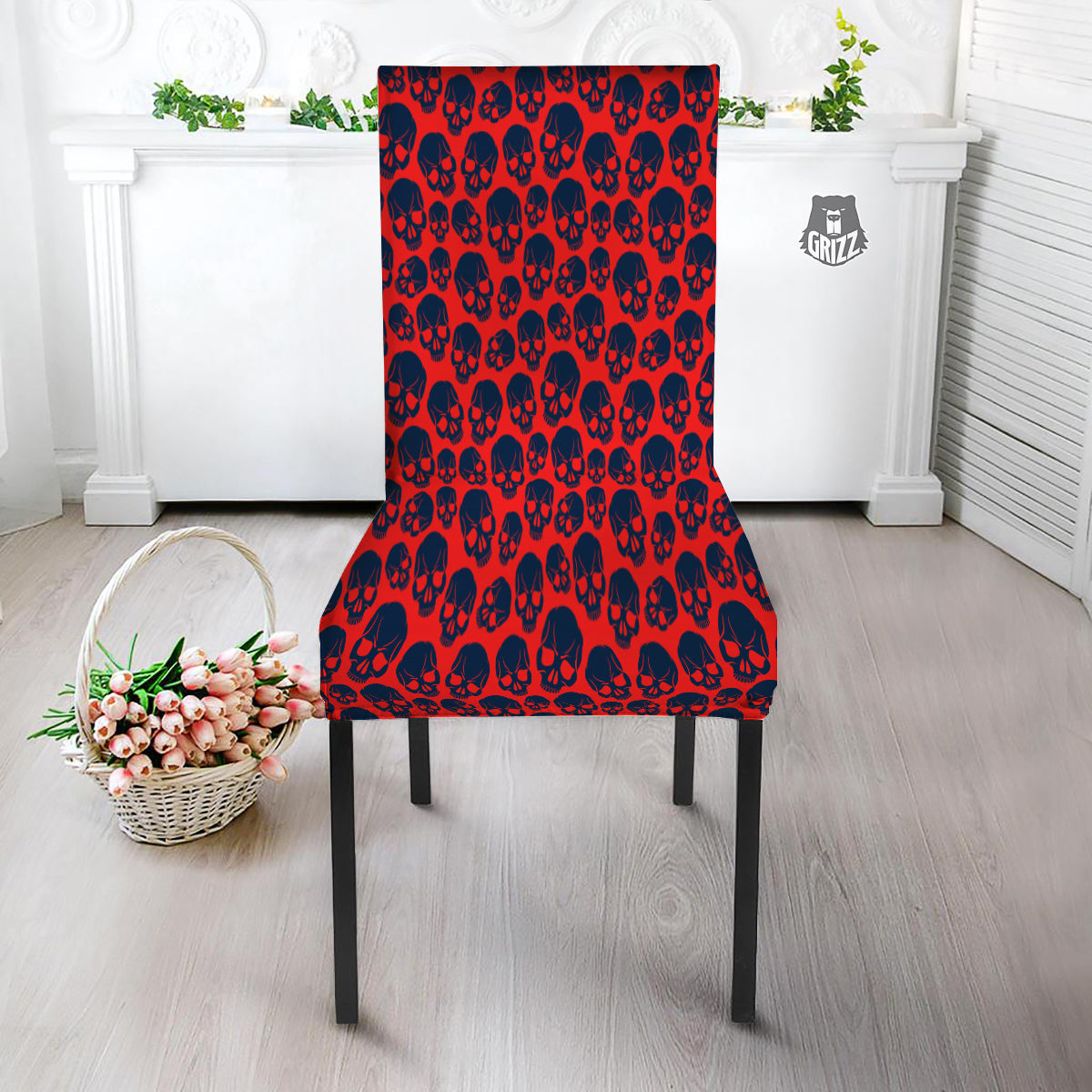 Skulls Red And Blue Hard Rock Print Pattern Dining Chair Slipcover-grizzshop