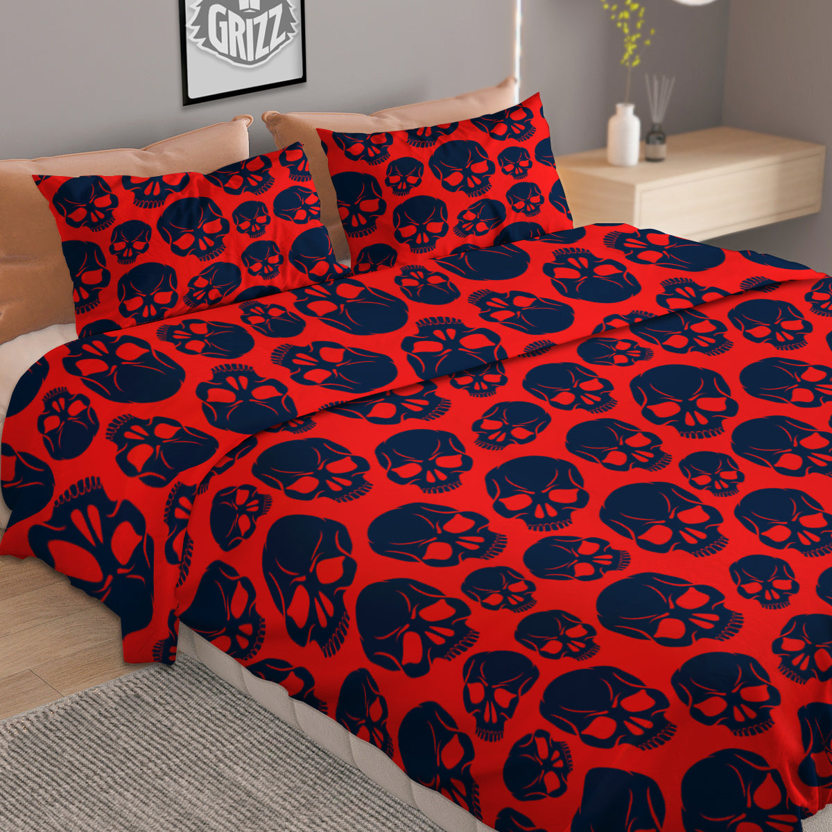 Skulls Red And Blue Hard Rock Print Pattern Duvet Cover Bedding Set
