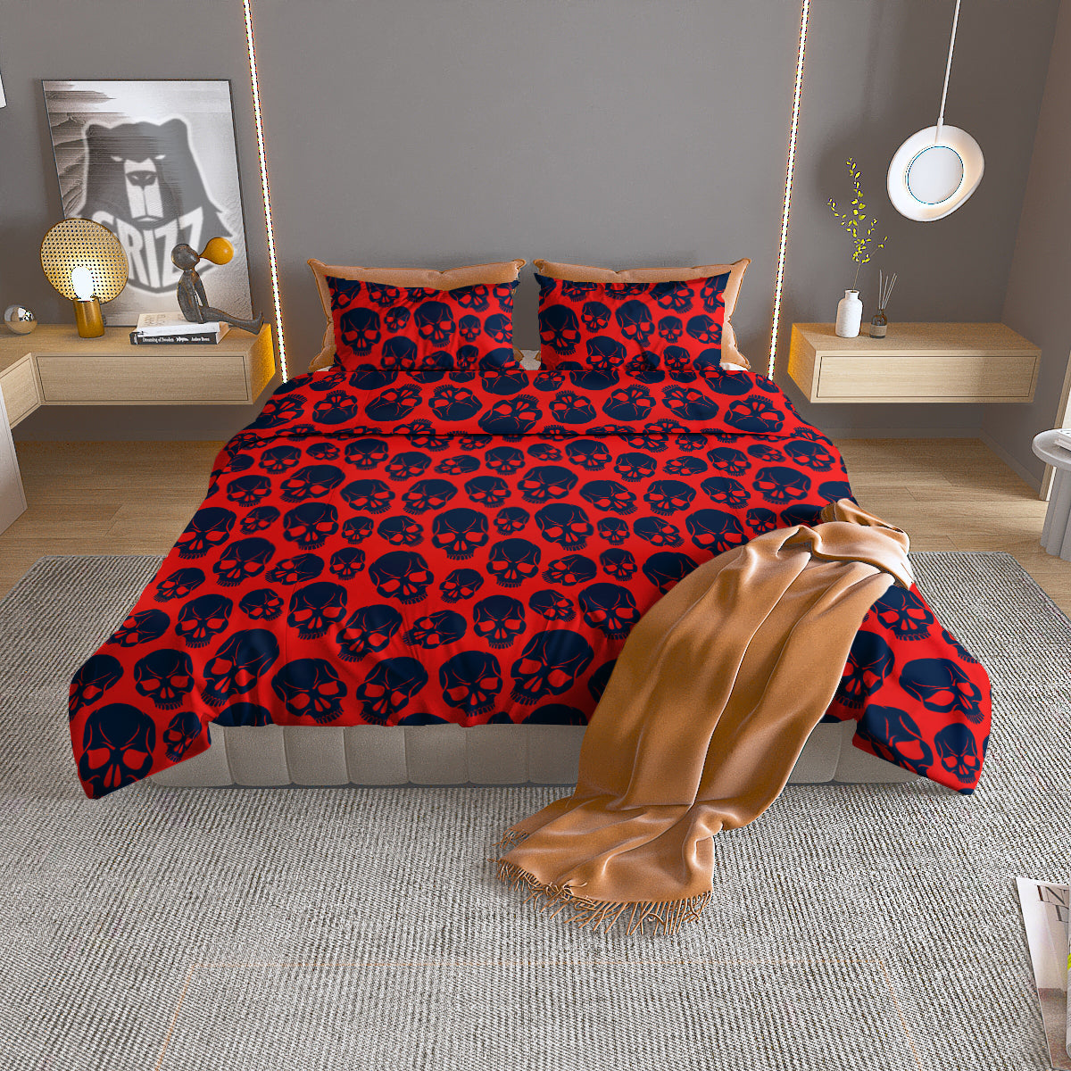 Skulls Red And Blue Hard Rock Print Pattern Duvet Cover Bedding Set