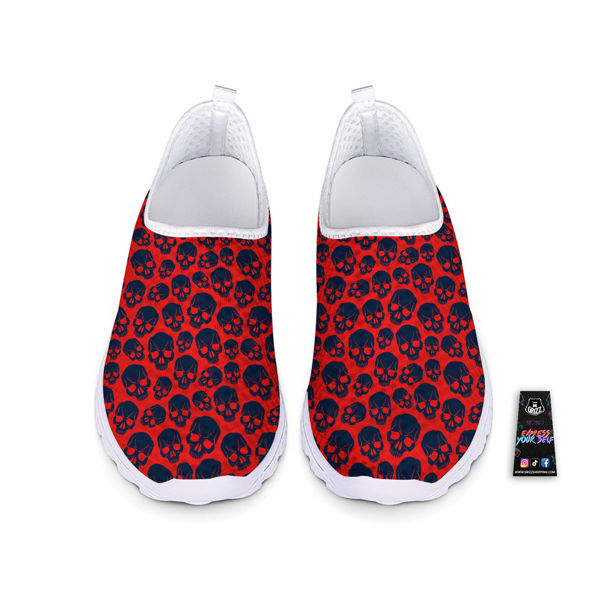 Skulls Red And Blue Hard Rock Print Pattern Nurse Shoes-grizzshop