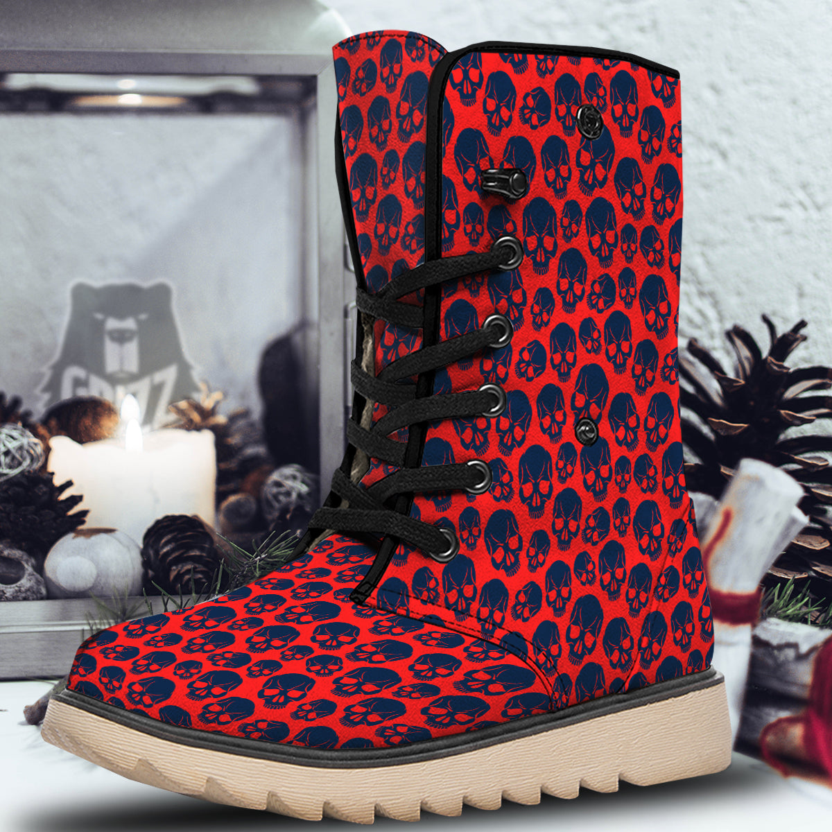 Skulls Red And Blue Hard Rock Print Pattern Snow Boots-grizzshop