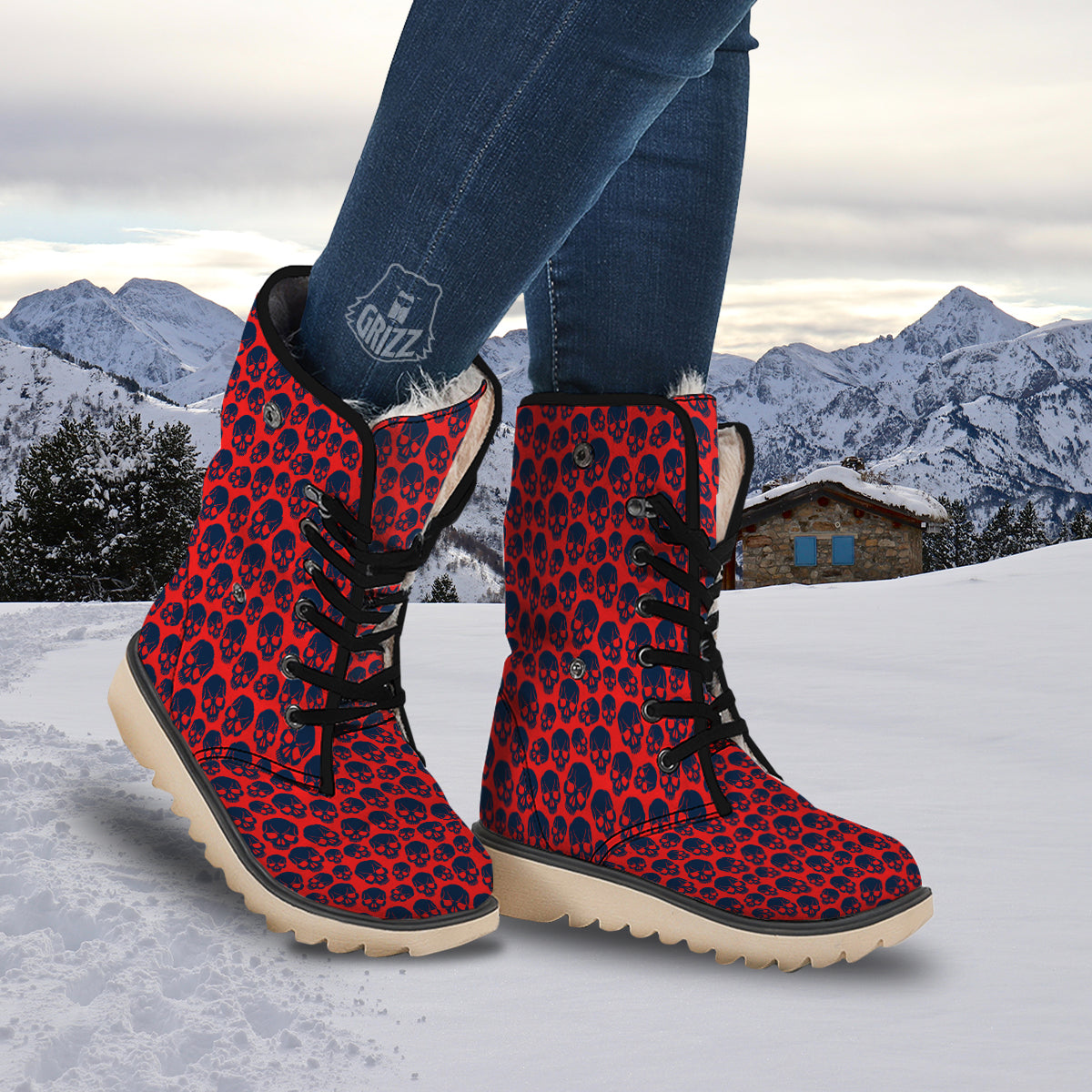 Skulls Red And Blue Hard Rock Print Pattern Snow Boots-grizzshop
