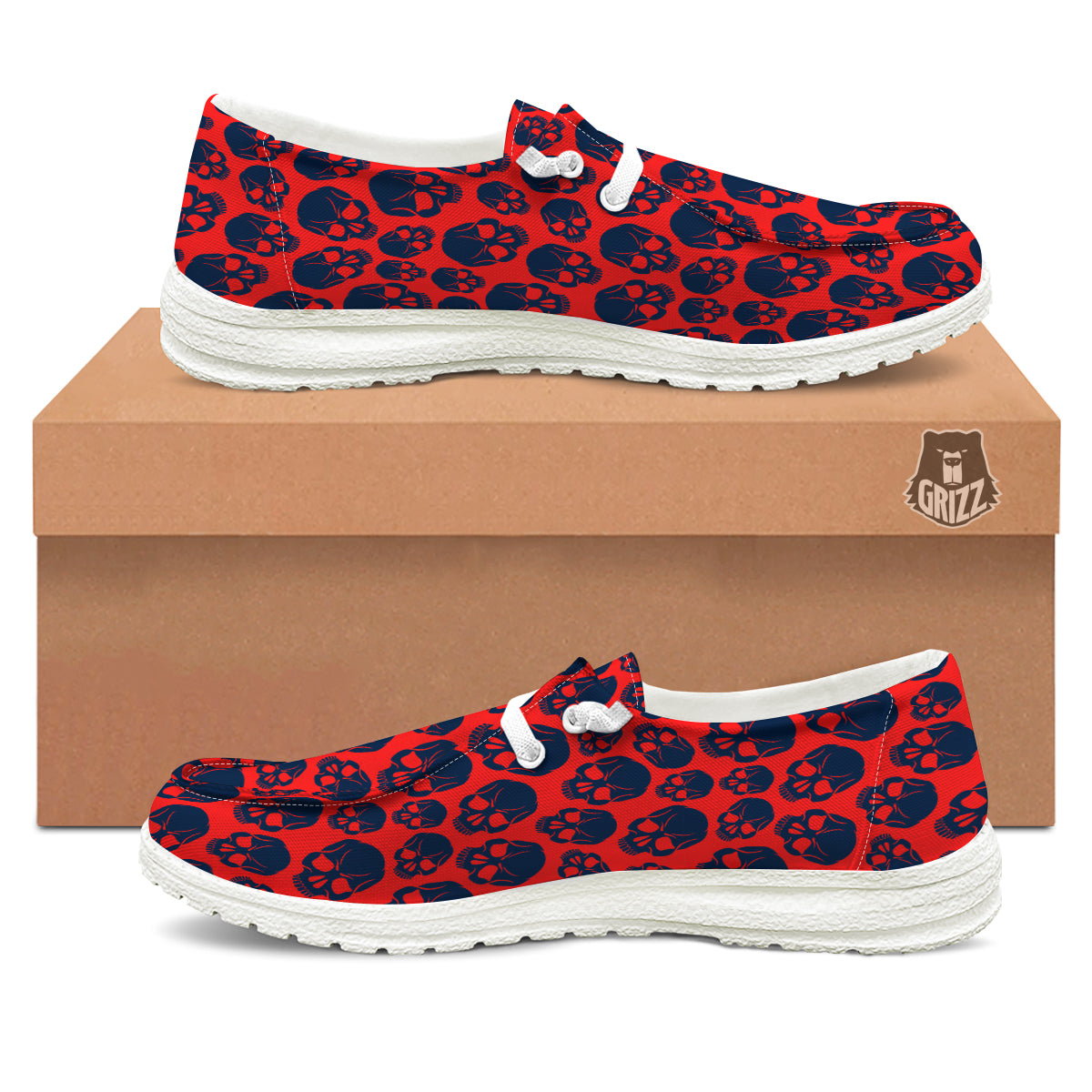 Skulls Red And Blue Hard Rock Print Pattern White Loafers-grizzshop