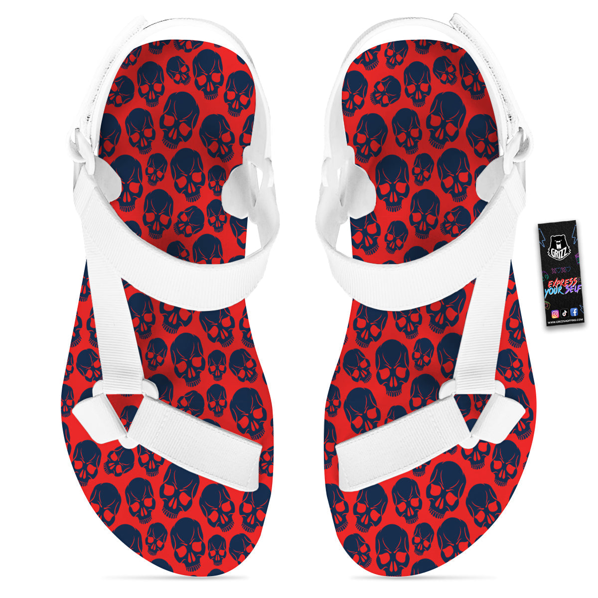Skulls Red And Blue Hard Rock Print Pattern White Open Toe Sandals-grizzshop