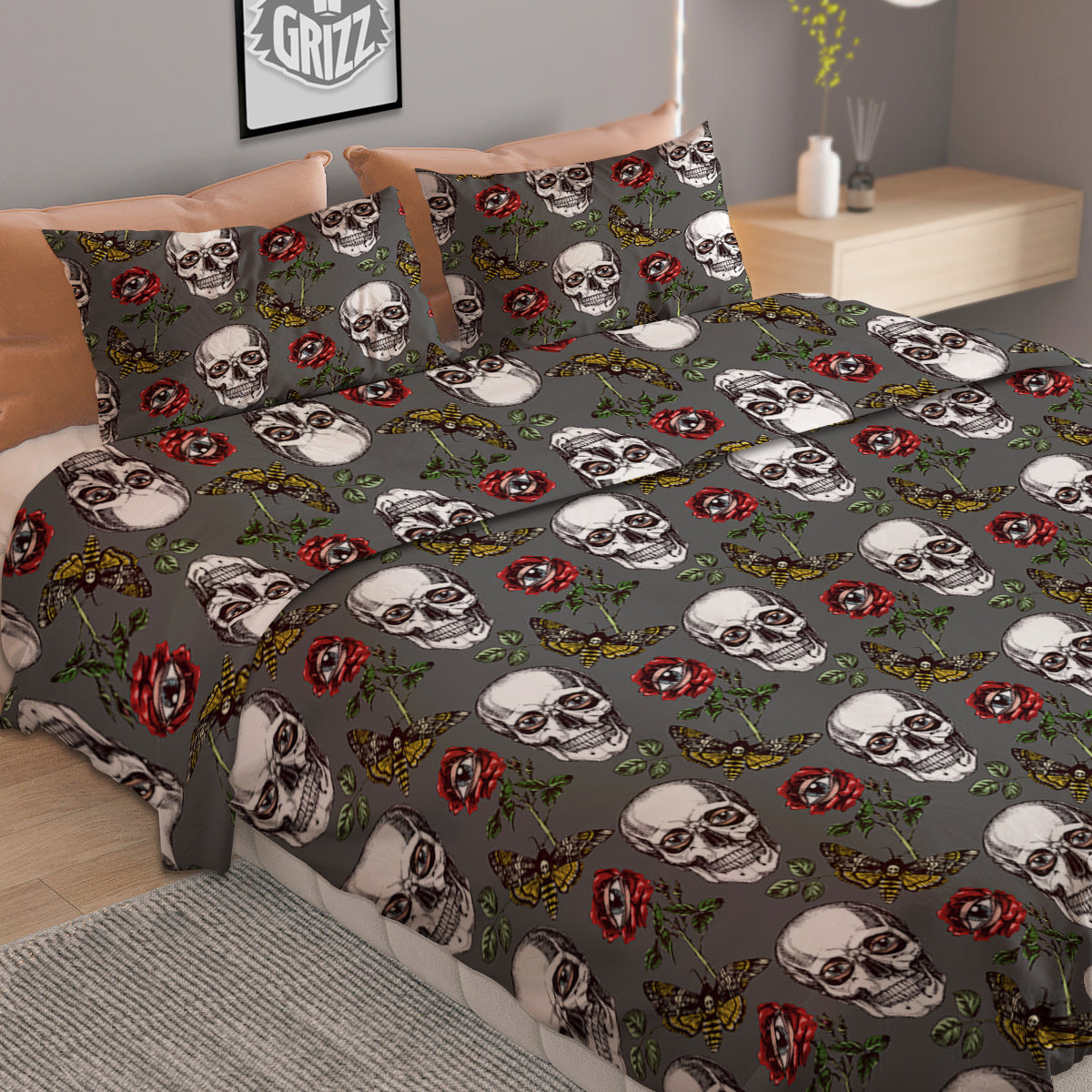 Skulls Roses Death Eyes Print Pattern Duvet Cover Bedding Set