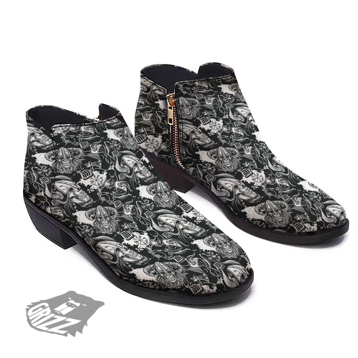 Skulls in Viking Helmets Print Pattern Ankle Boots-grizzshop