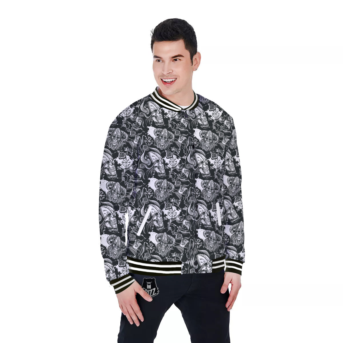 Skulls in Viking Helmets Print Pattern Baseball Jacket-grizzshop