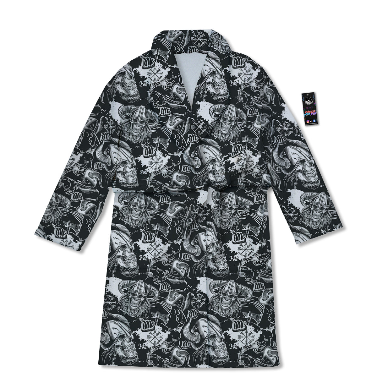 Skulls in Viking Helmets Print Pattern Bathrobe-grizzshop