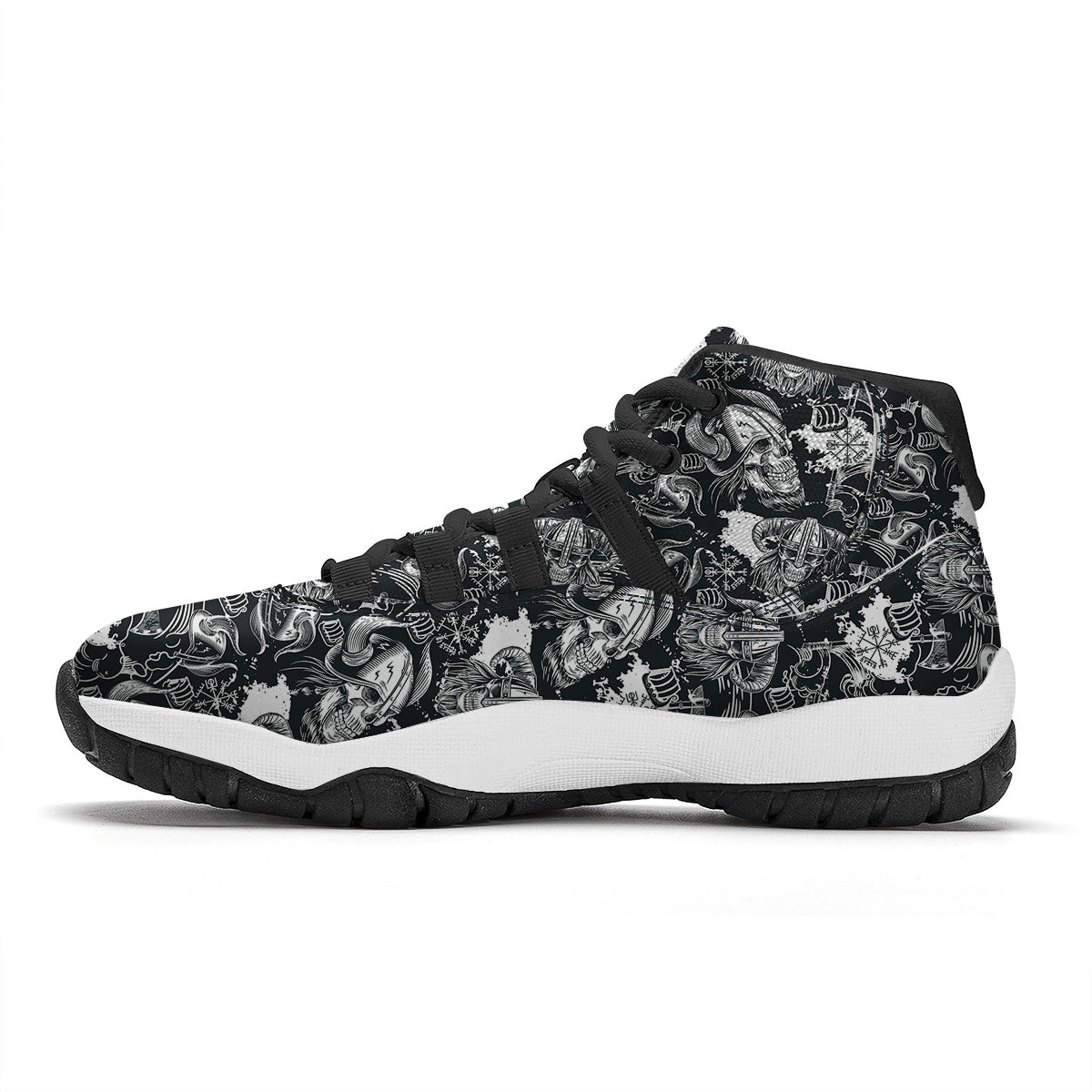 Skulls in Viking Helmets Print Pattern Black Bball Shoes-grizzshop