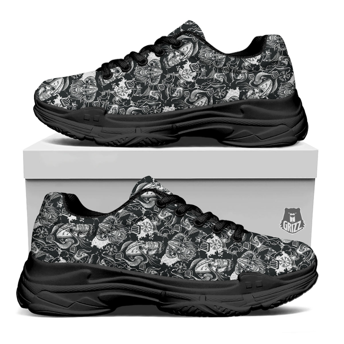 Skulls in Viking Helmets Print Pattern Black Chunky Shoes-grizzshop