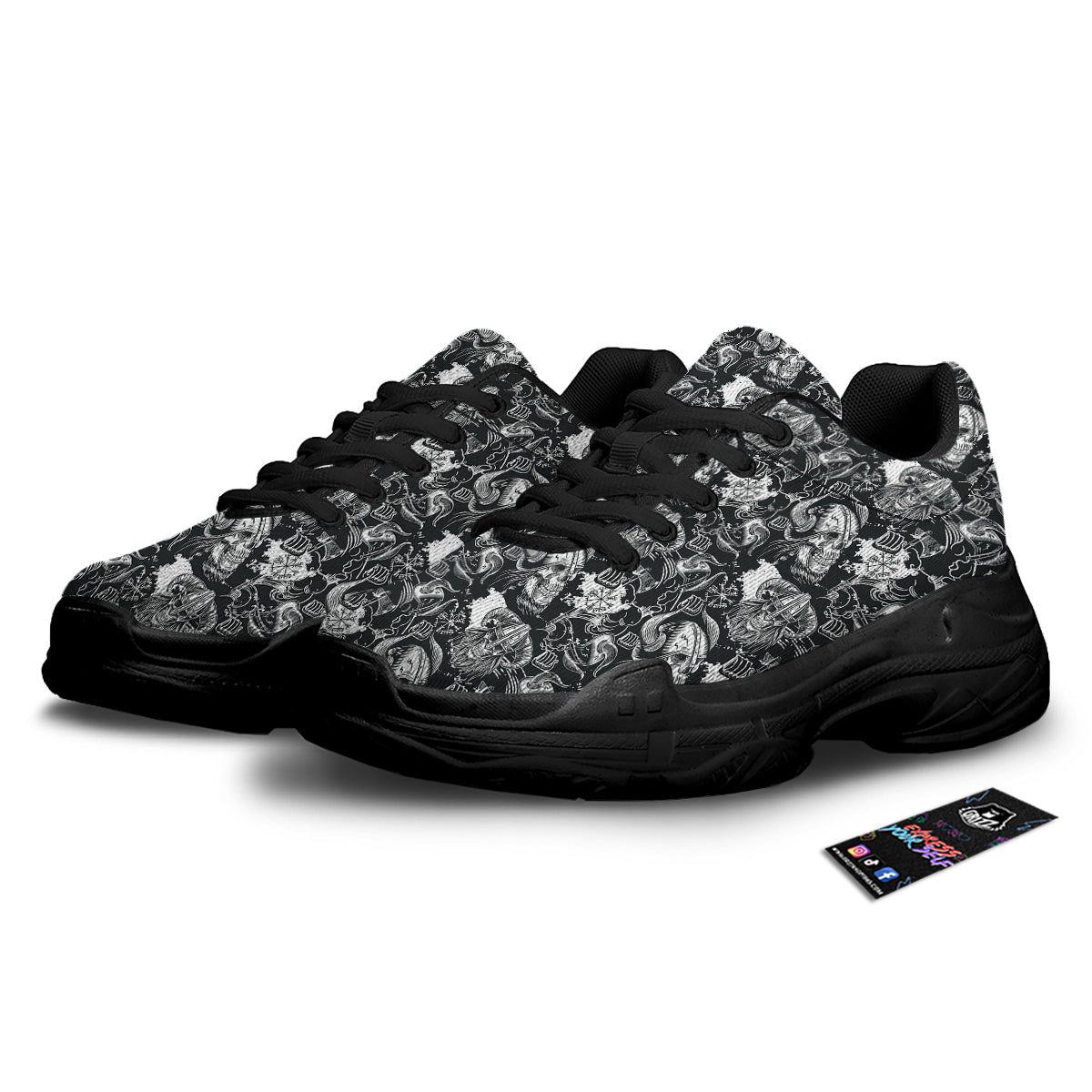 Skulls in Viking Helmets Print Pattern Black Chunky Shoes-grizzshop