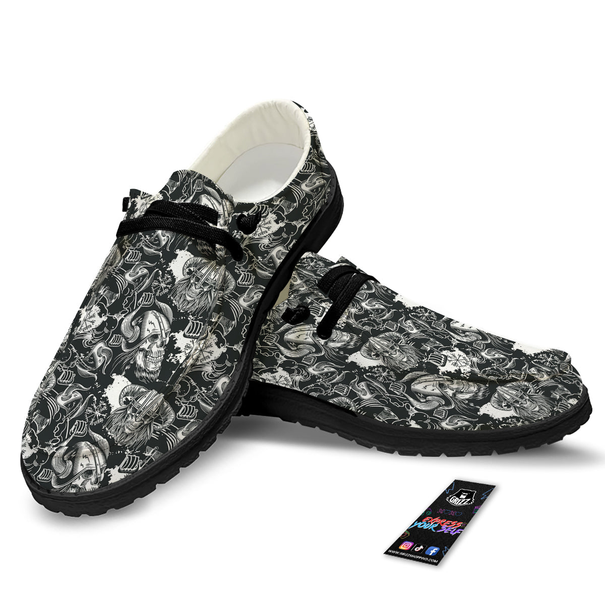 Skulls in Viking Helmets Print Pattern Black Loafers-grizzshop
