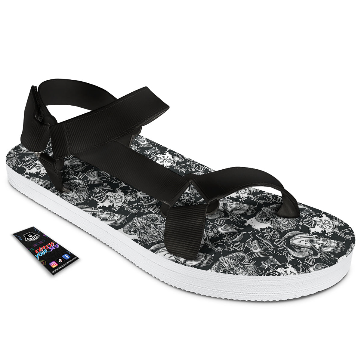 Skulls in Viking Helmets Print Pattern Black Open Toe Sandals-grizzshop