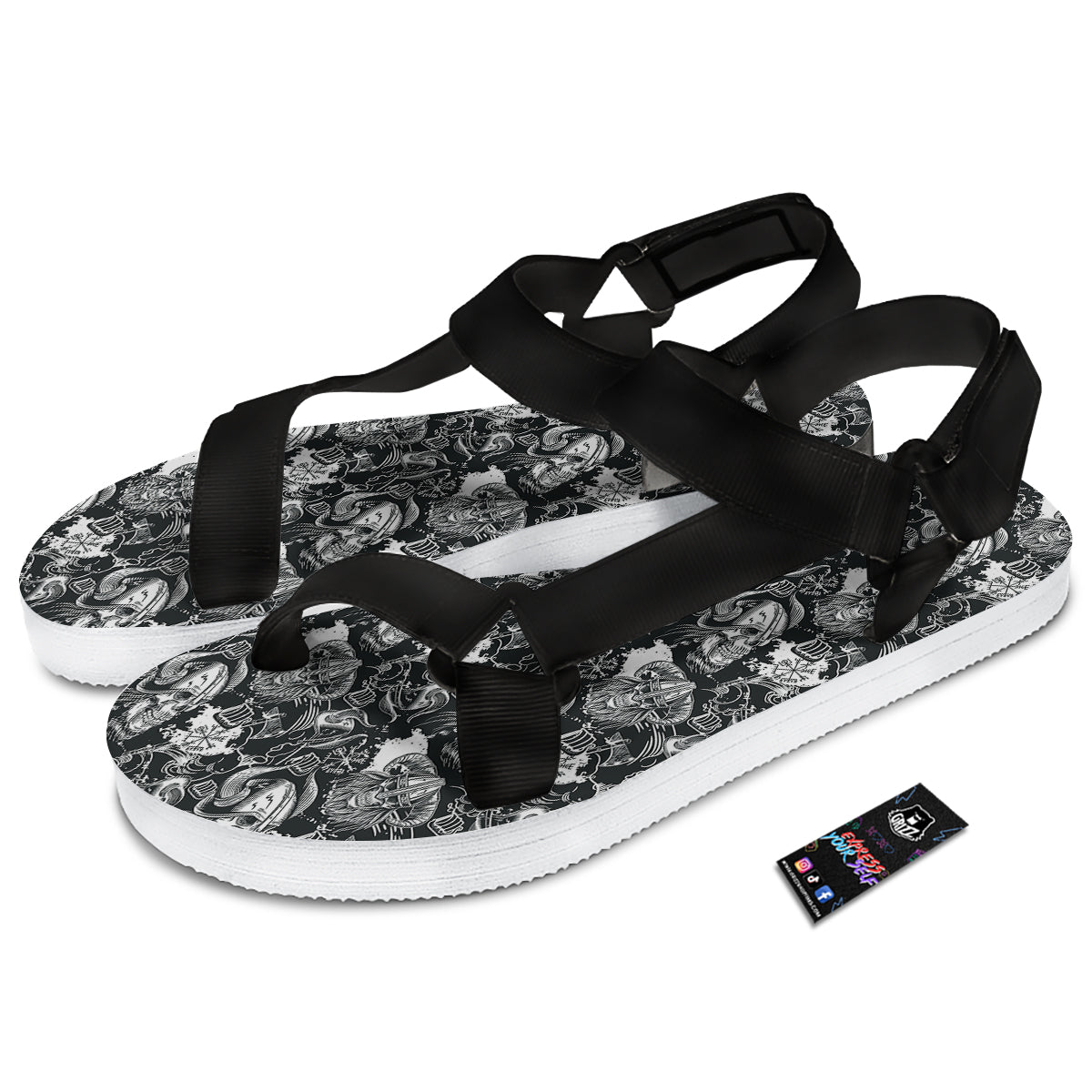 Skulls in Viking Helmets Print Pattern Black Open Toe Sandals-grizzshop