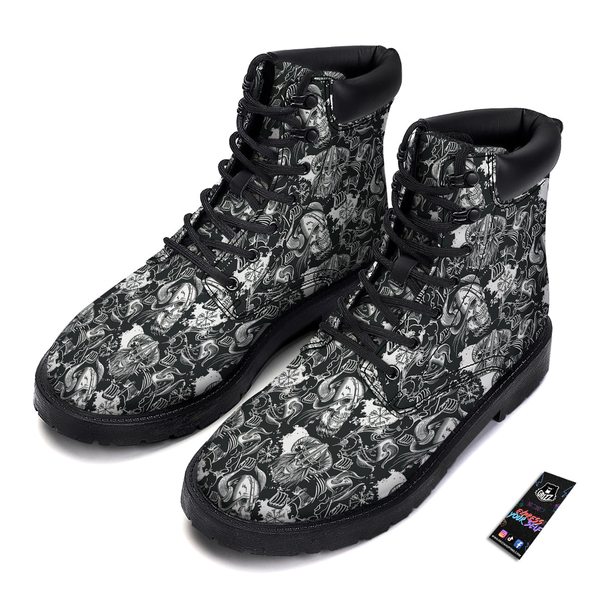 Skulls in Viking Helmets Print Pattern Boots-grizzshop
