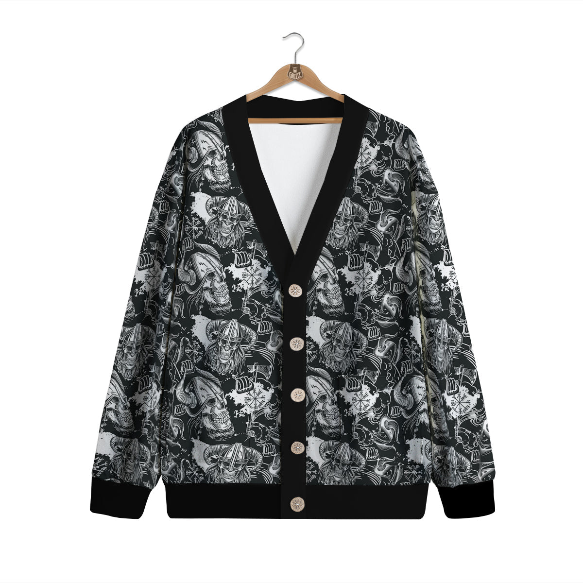 Skulls in Viking Helmets Print Pattern Cardigan-grizzshop