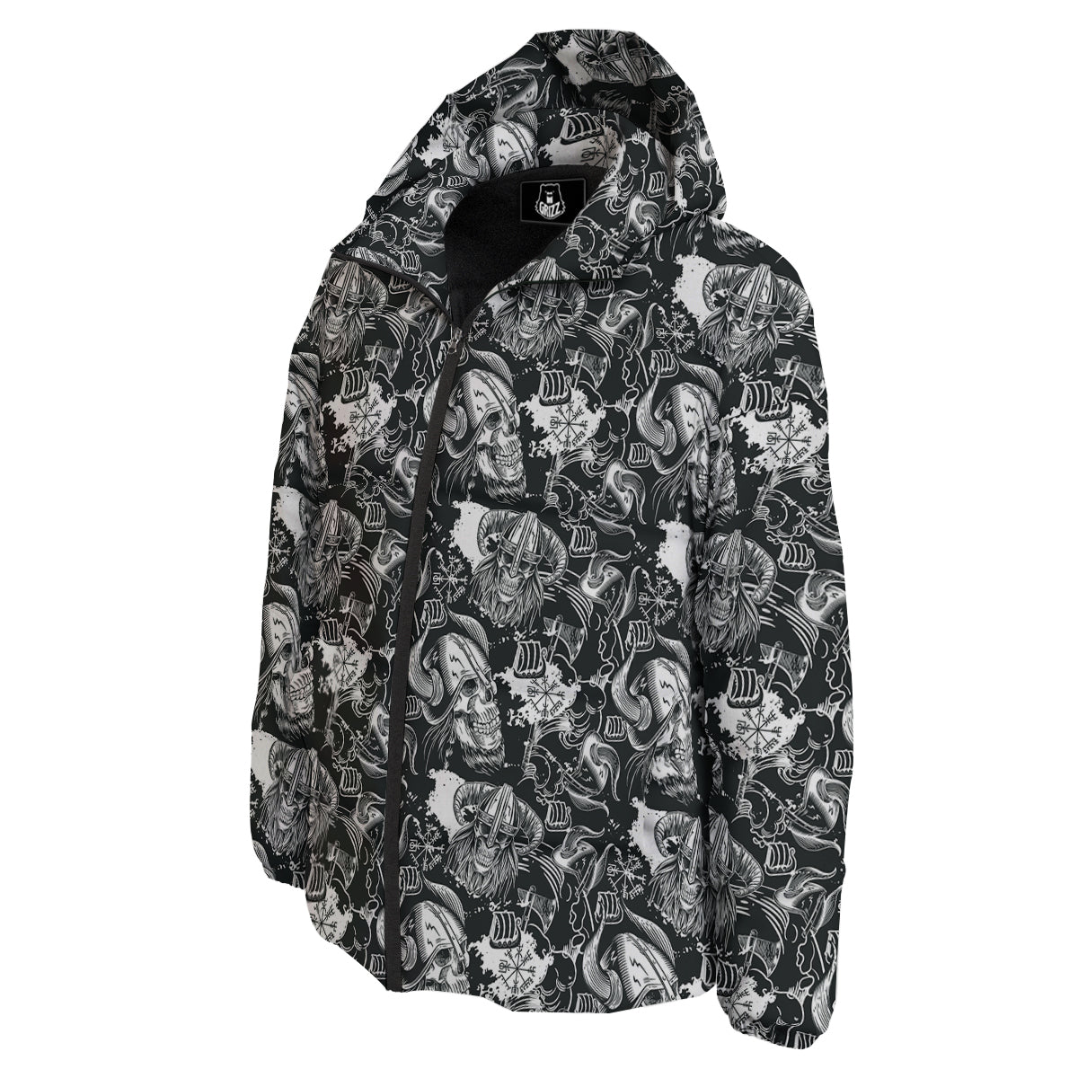 Skulls in Viking Helmets Print Pattern Down Jacket-grizzshop