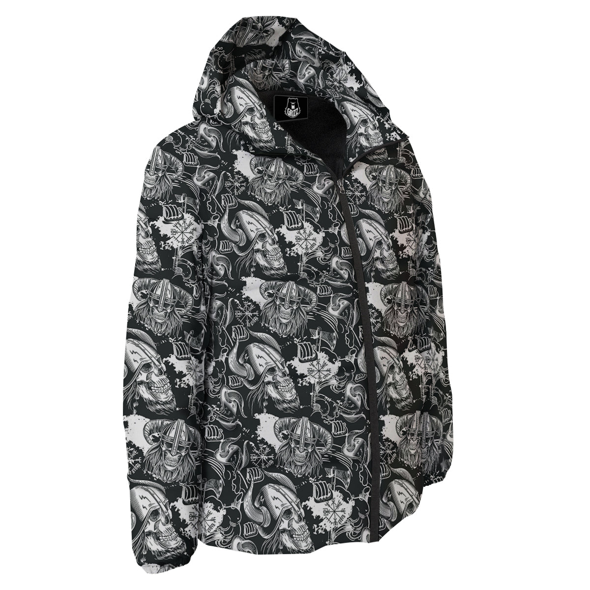 Skulls in Viking Helmets Print Pattern Down Jacket-grizzshop