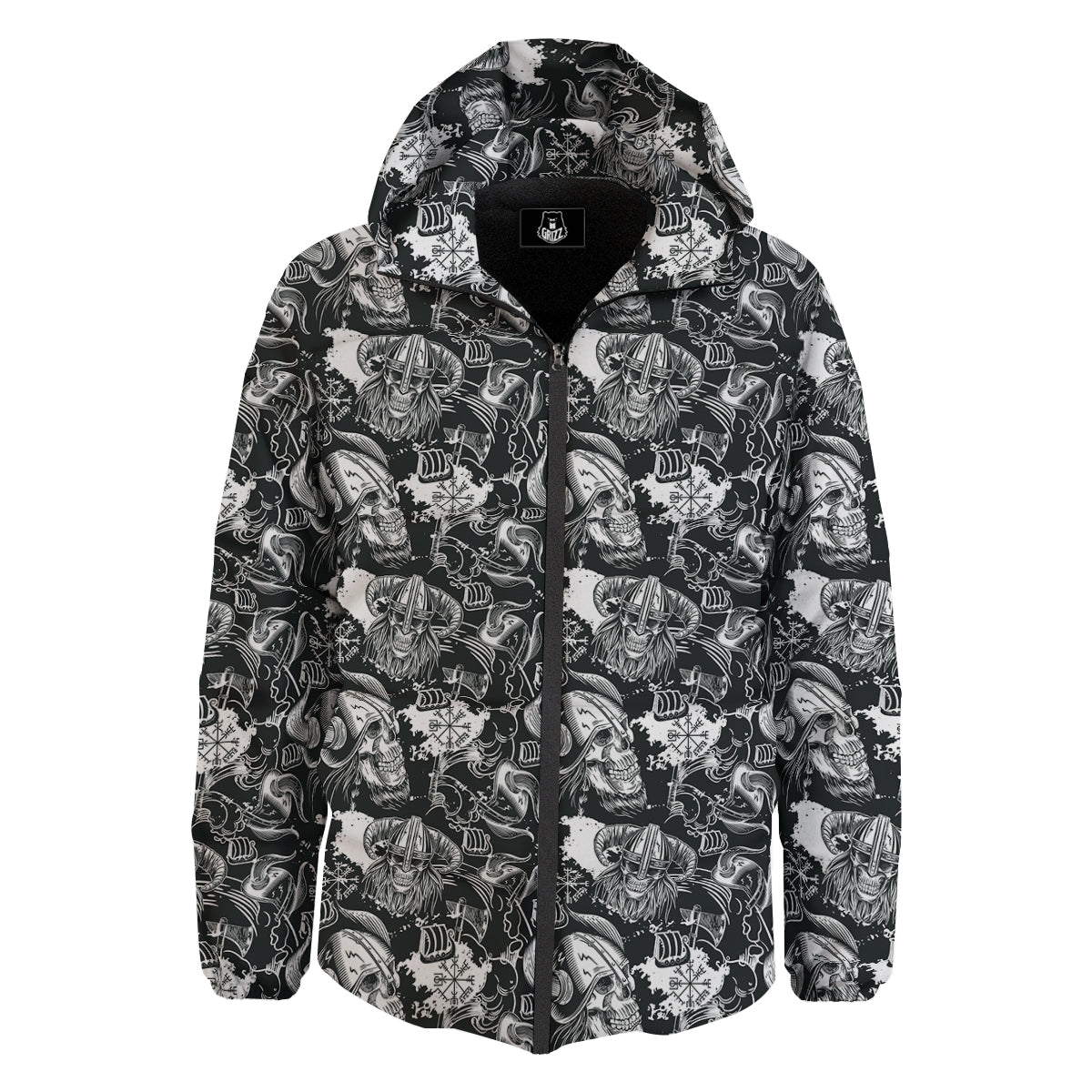 Skulls in Viking Helmets Print Pattern Down Jacket-grizzshop