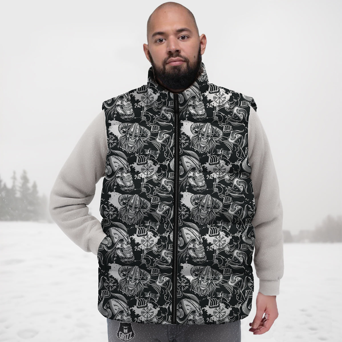 Skulls in Viking Helmets Print Pattern Down Vest