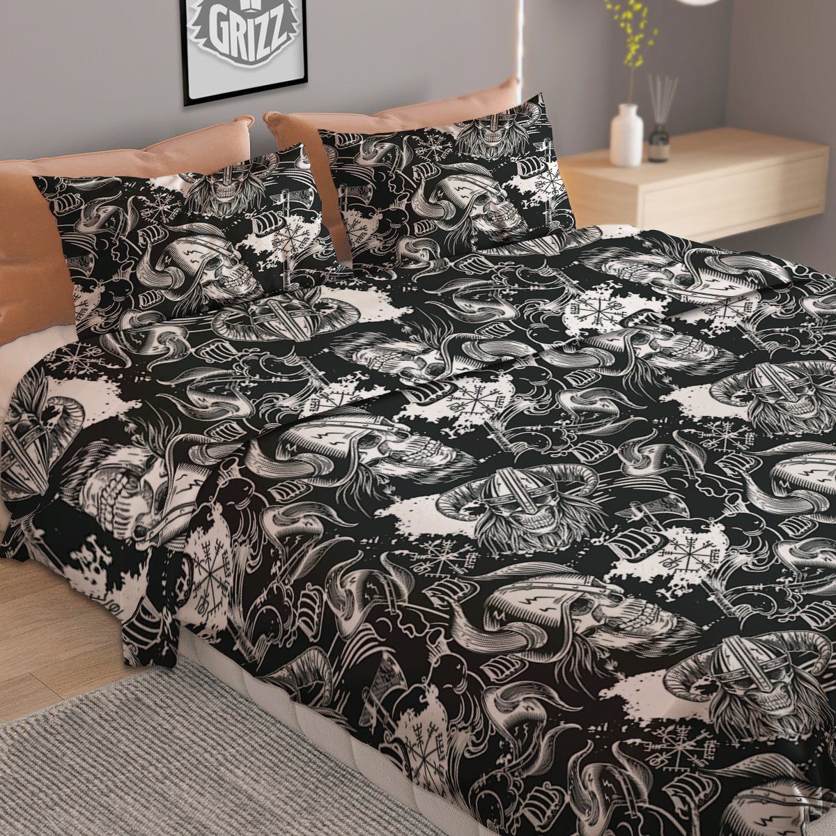 Skulls in Viking Helmets Print Pattern Duvet Cover Bedding Set