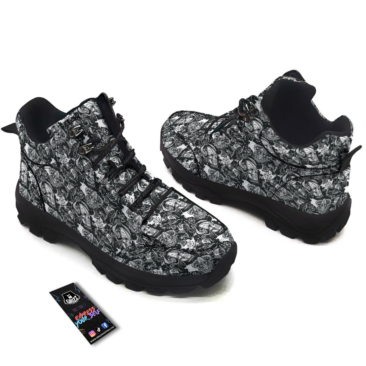 Skulls in Viking Helmets Print Pattern Hiking Shoes-grizzshop