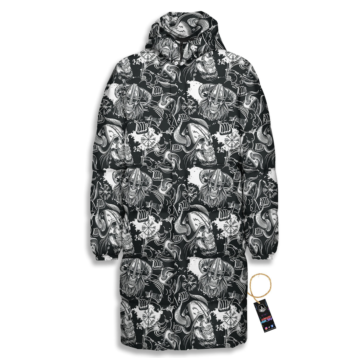 Skulls in Viking Helmets Print Pattern Long Down Jacket-grizzshop