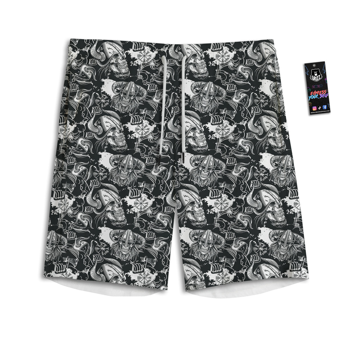 Skulls in Viking Helmets Print Pattern Men's Athletic Shorts