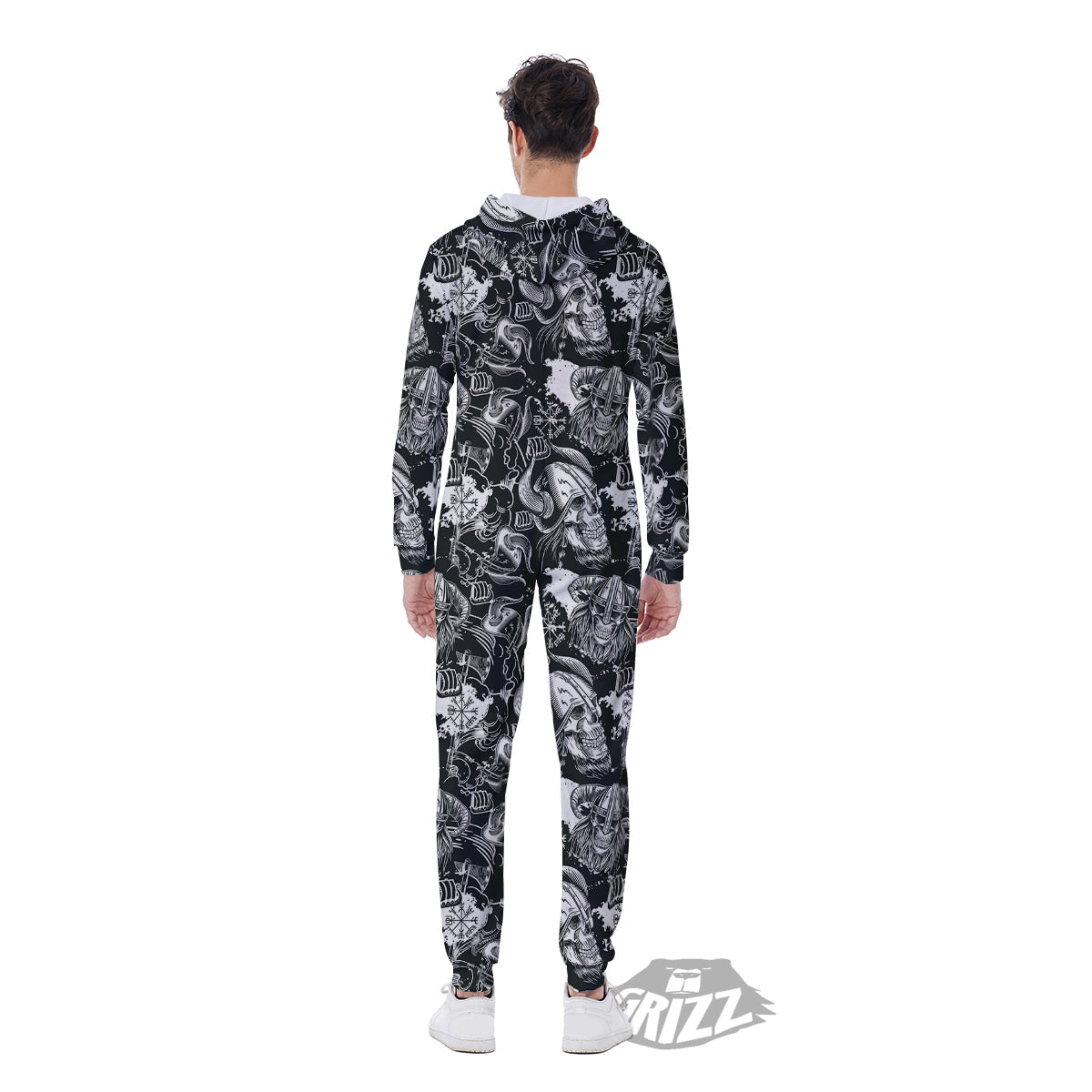 Skulls in Viking Helmets Print Pattern Men's Jumpsuit-grizzshop