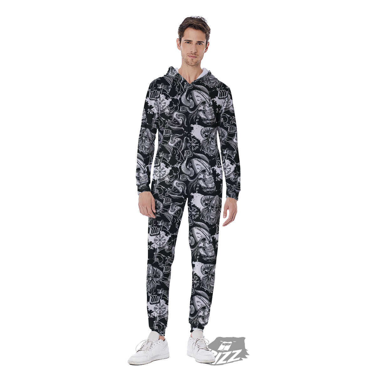 Skulls in Viking Helmets Print Pattern Men's Jumpsuit-grizzshop