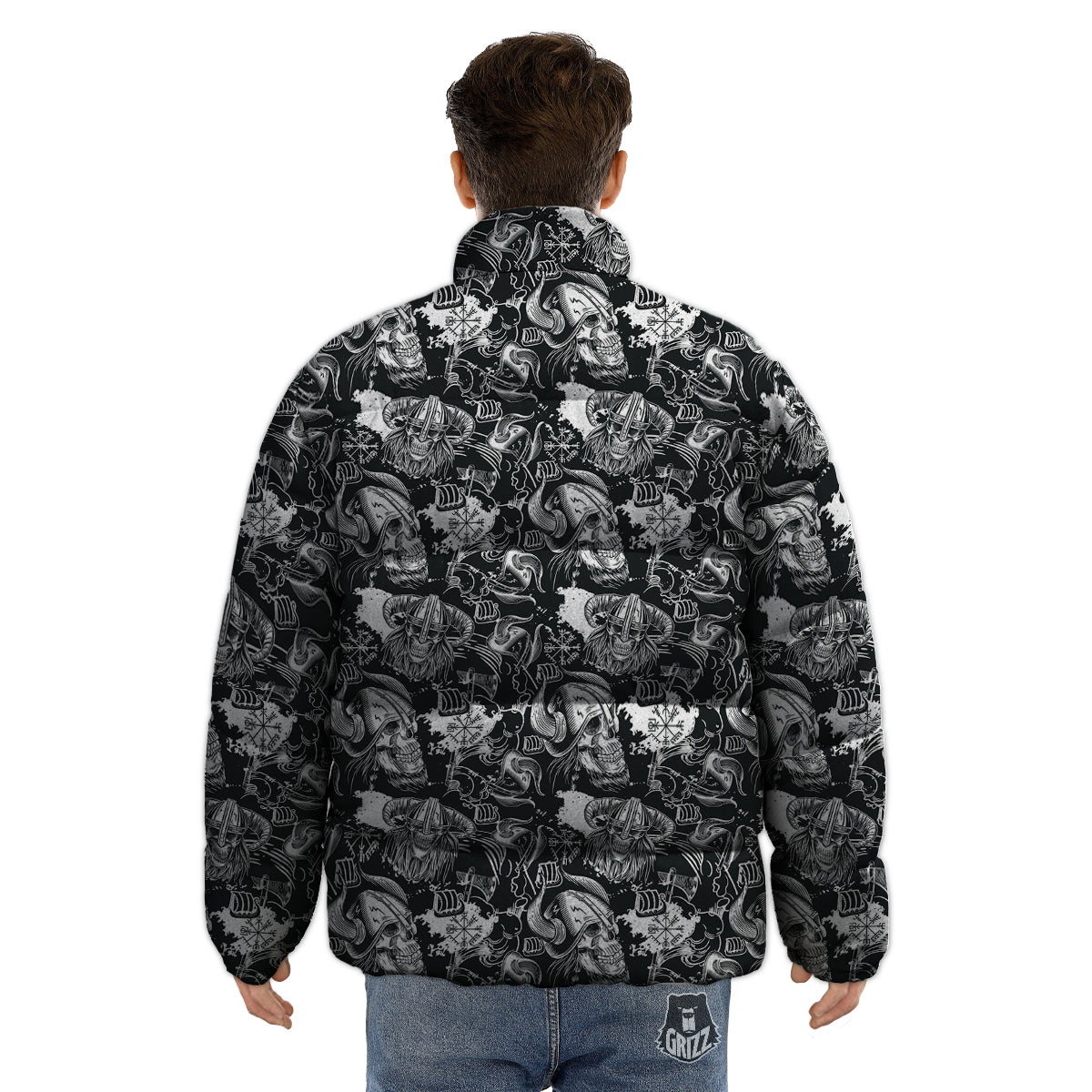 Skulls in Viking Helmets Print Pattern Puffer Jacket-grizzshop