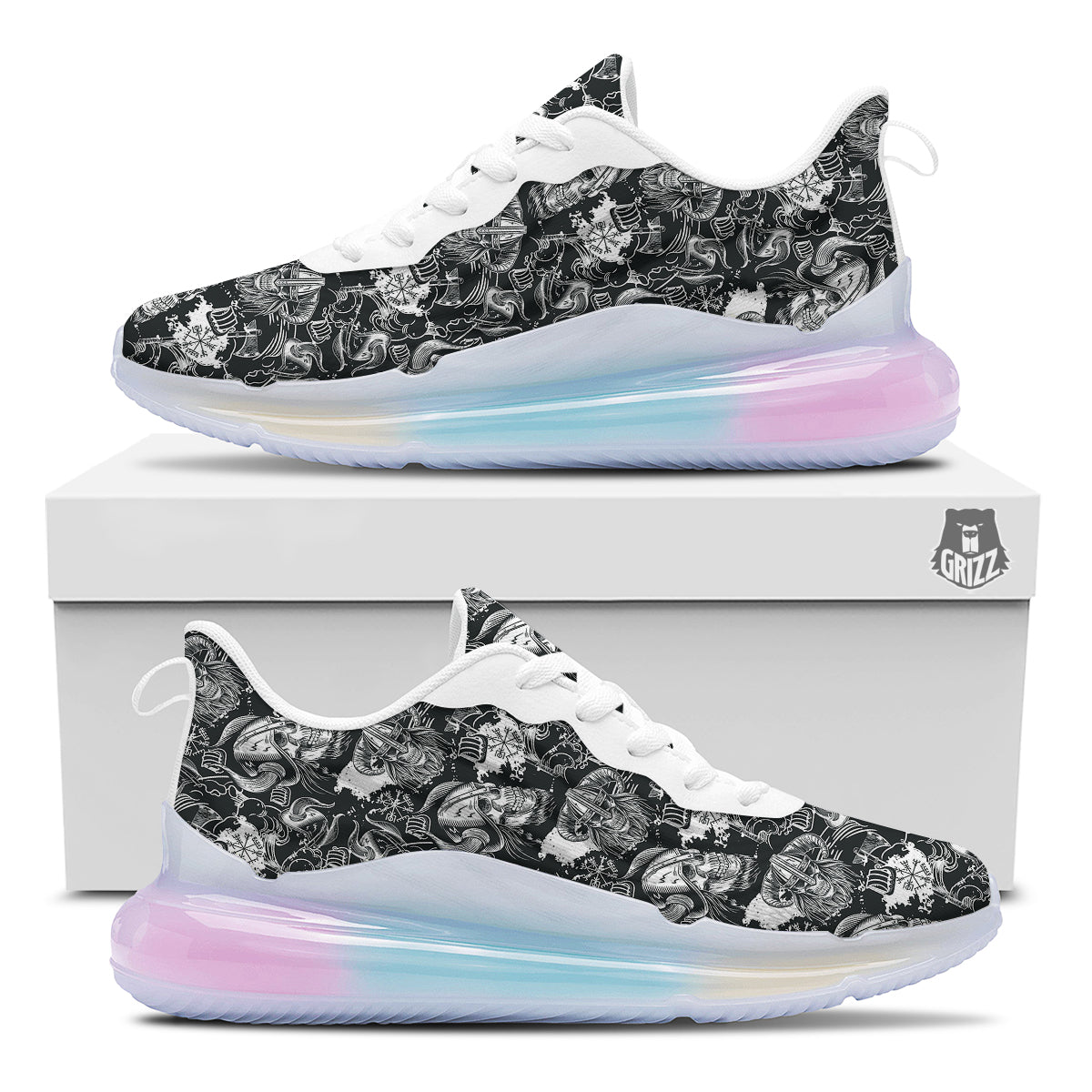 Skulls in Viking Helmets Print Pattern Running Sneakers-grizzshop