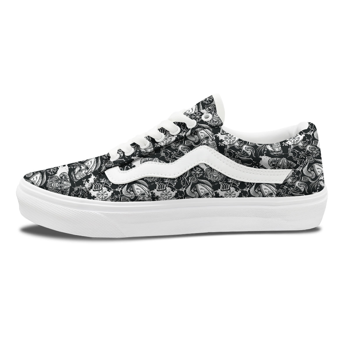 Skulls in Viking Helmets Print Pattern Skate Shoes-grizzshop