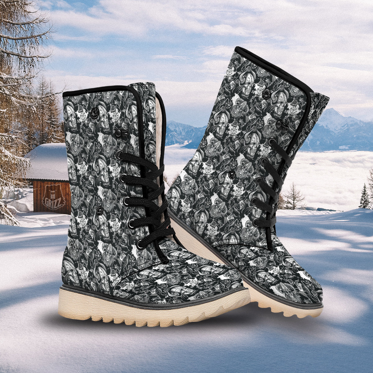 Skulls in Viking Helmets Print Pattern Snow Boots-grizzshop