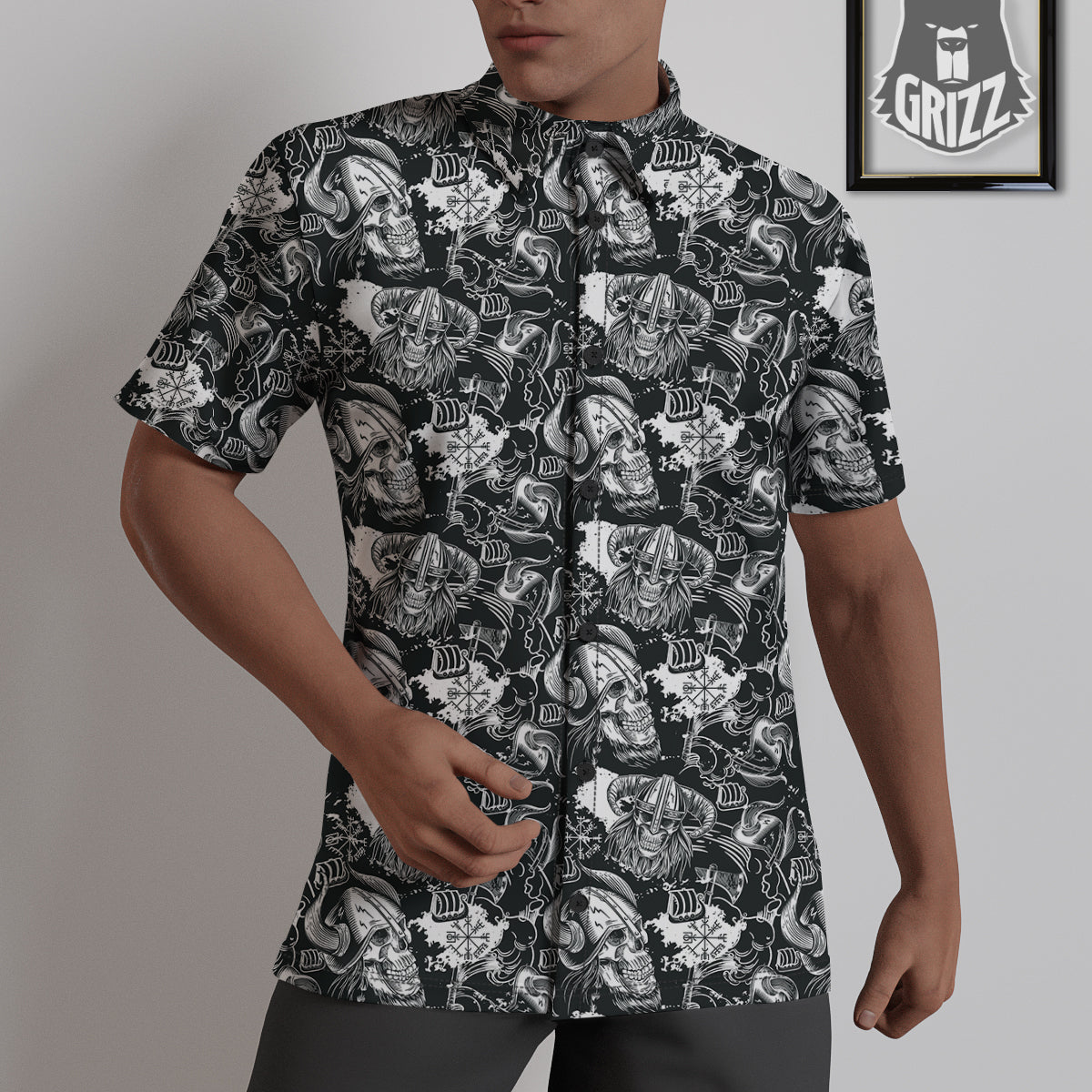 Skulls in Viking Helmets Print Pattern Untucked Shirts-grizzshop