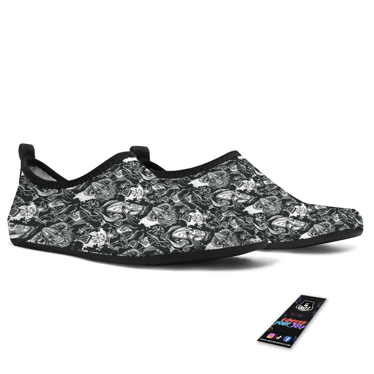 Skulls in Viking Helmets Print Pattern Water Shoes-grizzshop