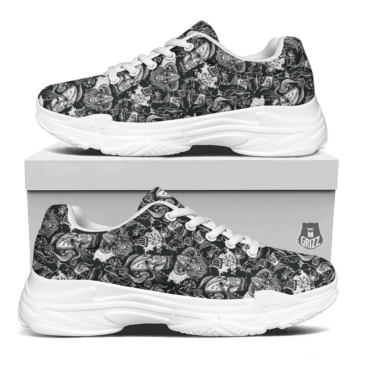 Skulls in Viking Helmets Print Pattern White Chunky Shoes-grizzshop