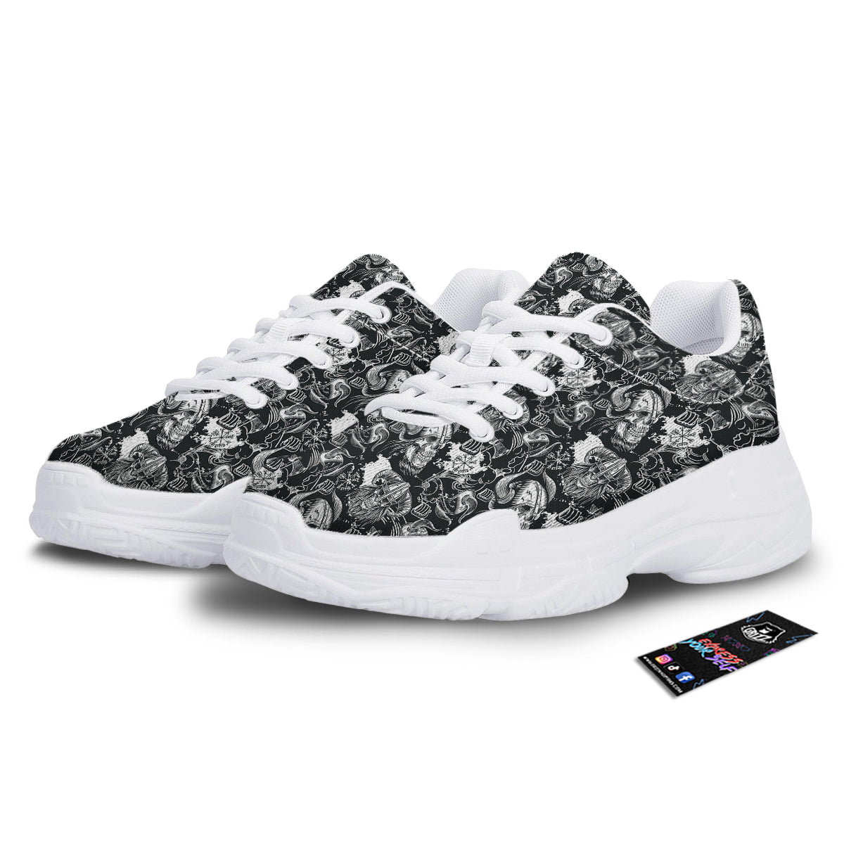 Skulls in Viking Helmets Print Pattern White Chunky Shoes-grizzshop