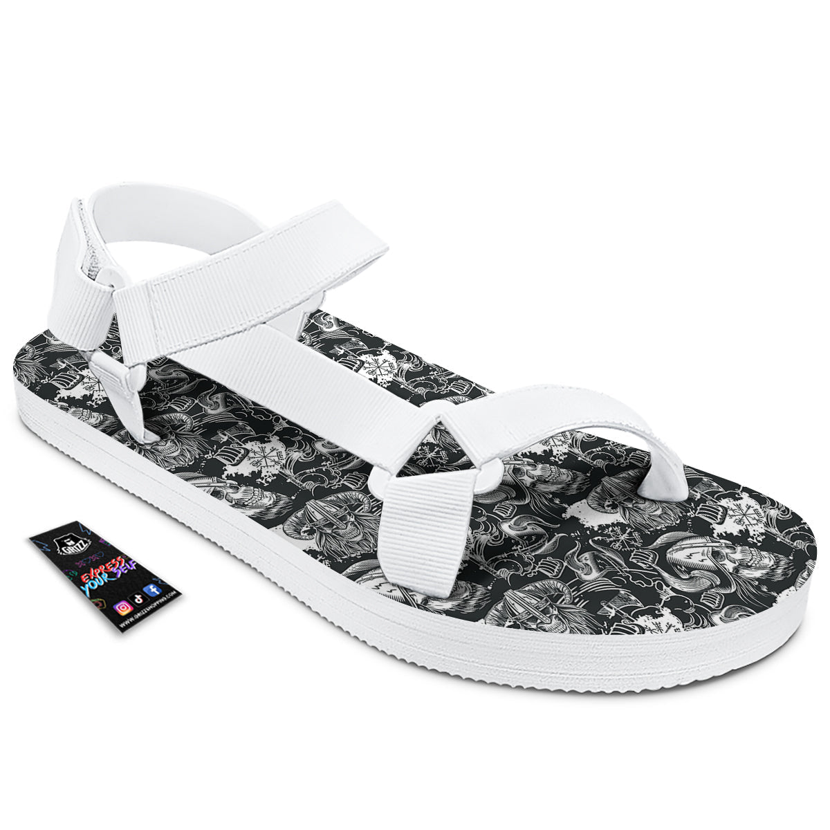 Skulls in Viking Helmets Print Pattern White Open Toe Sandals-grizzshop