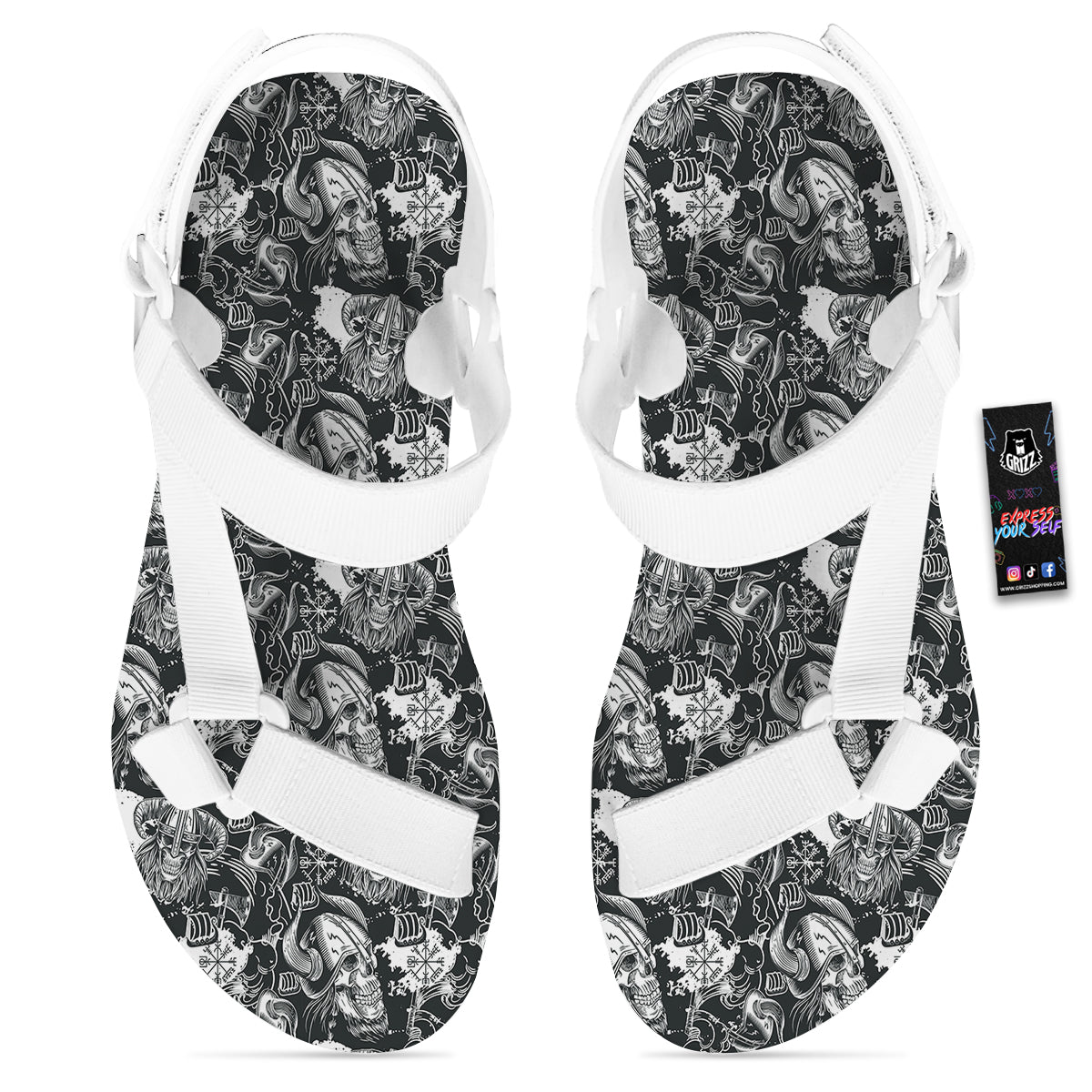 Skulls in Viking Helmets Print Pattern White Open Toe Sandals-grizzshop