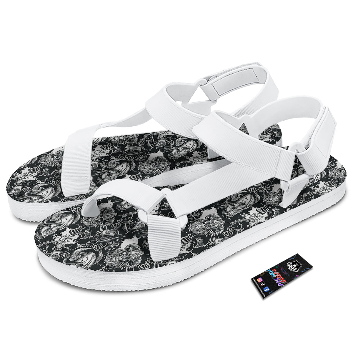 Skulls in Viking Helmets Print Pattern White Open Toe Sandals-grizzshop