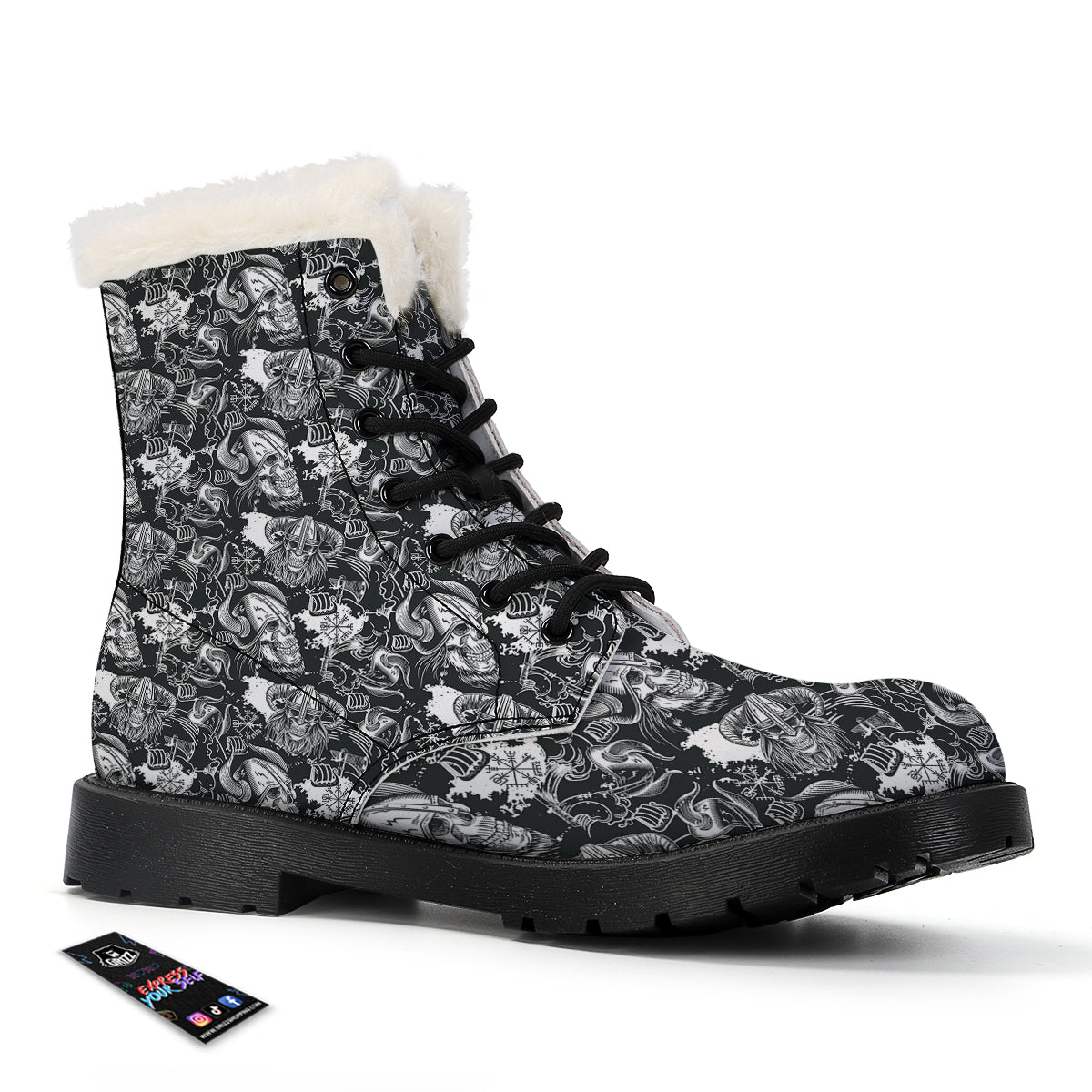 Skulls in Viking Helmets Print Pattern Winter Boots-grizzshop