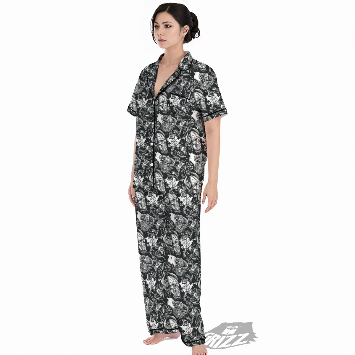 Skulls in Viking Helmets Print Pattern Women's Pajamas Set-grizzshop